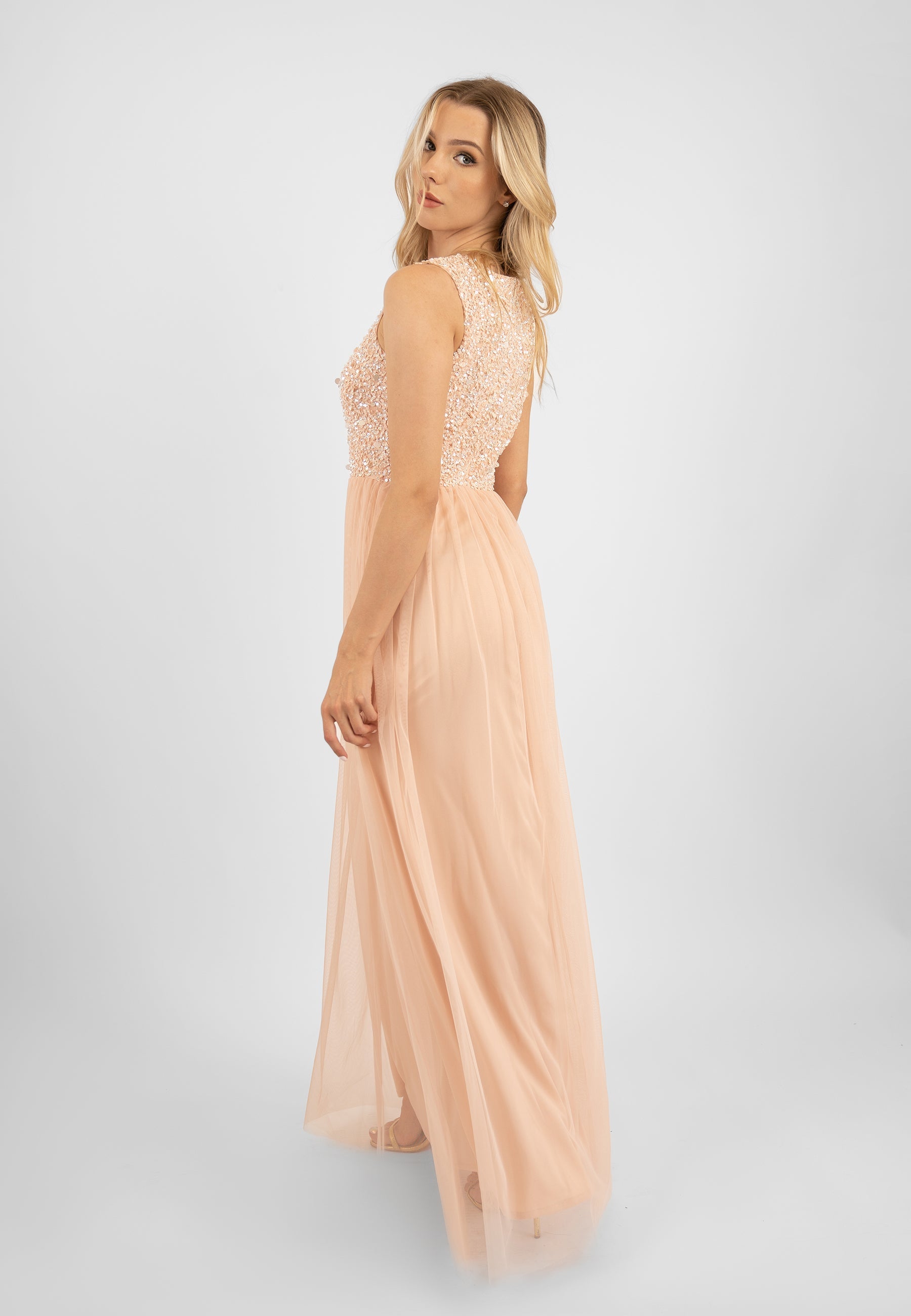  Picasso Blush Pink Embellished Bridesmaid Maxi Dress