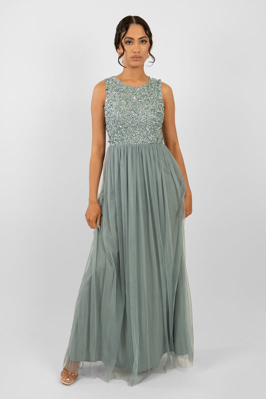  Picasso Teal Embellished Bridesmaid Maxi Dress