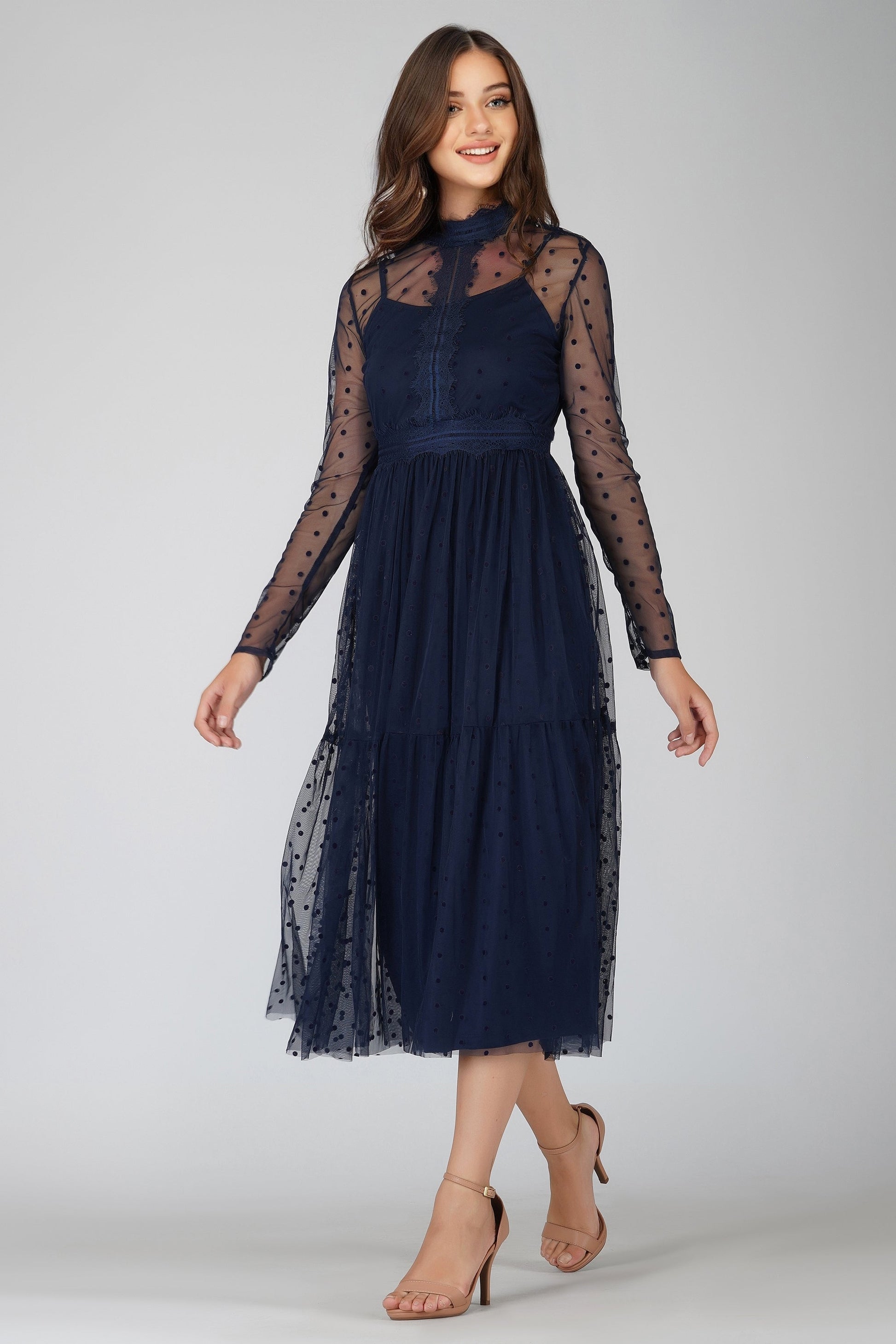  Roman Lola Polka Dot Midi Dress In Navy Blue