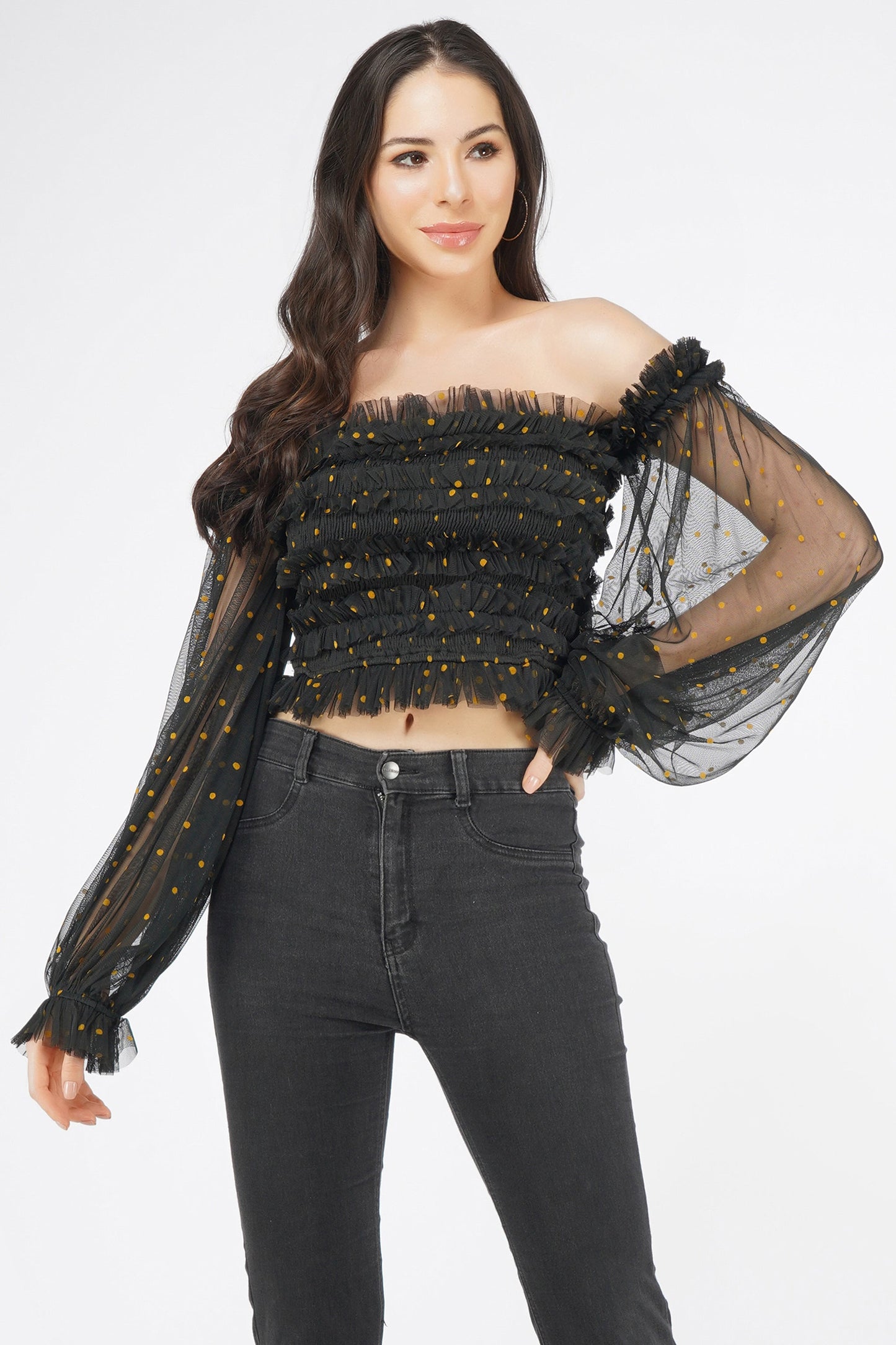  Rolf Black Tulle Top With Gold Polka