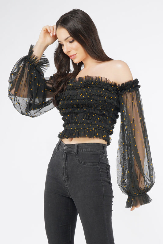  Rolf Black Tulle Top With Gold Polka