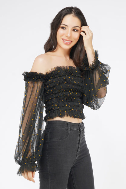  Rolf Black Tulle Top With Gold Polka