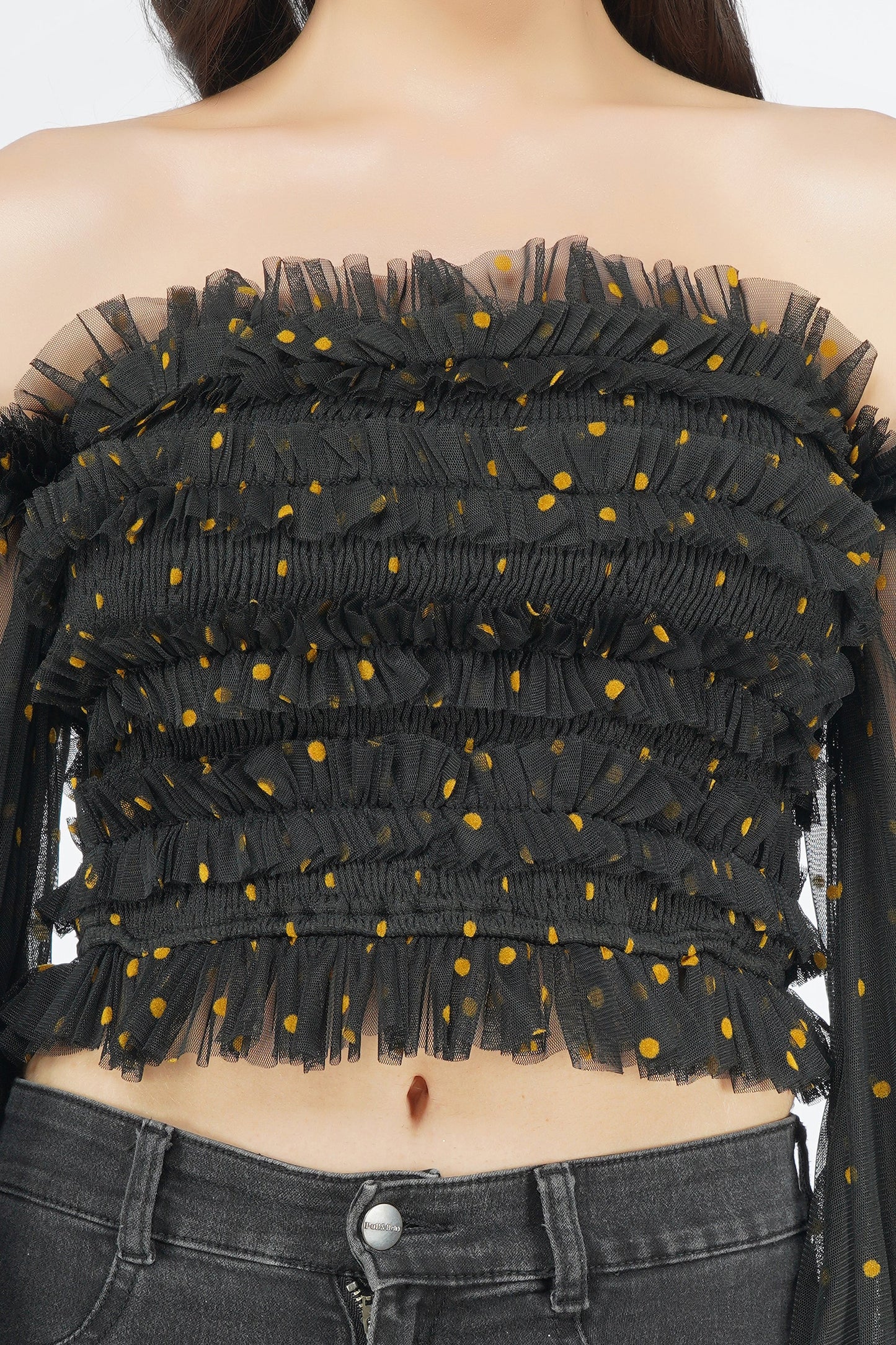  Rolf Black Tulle Top With Gold Polka