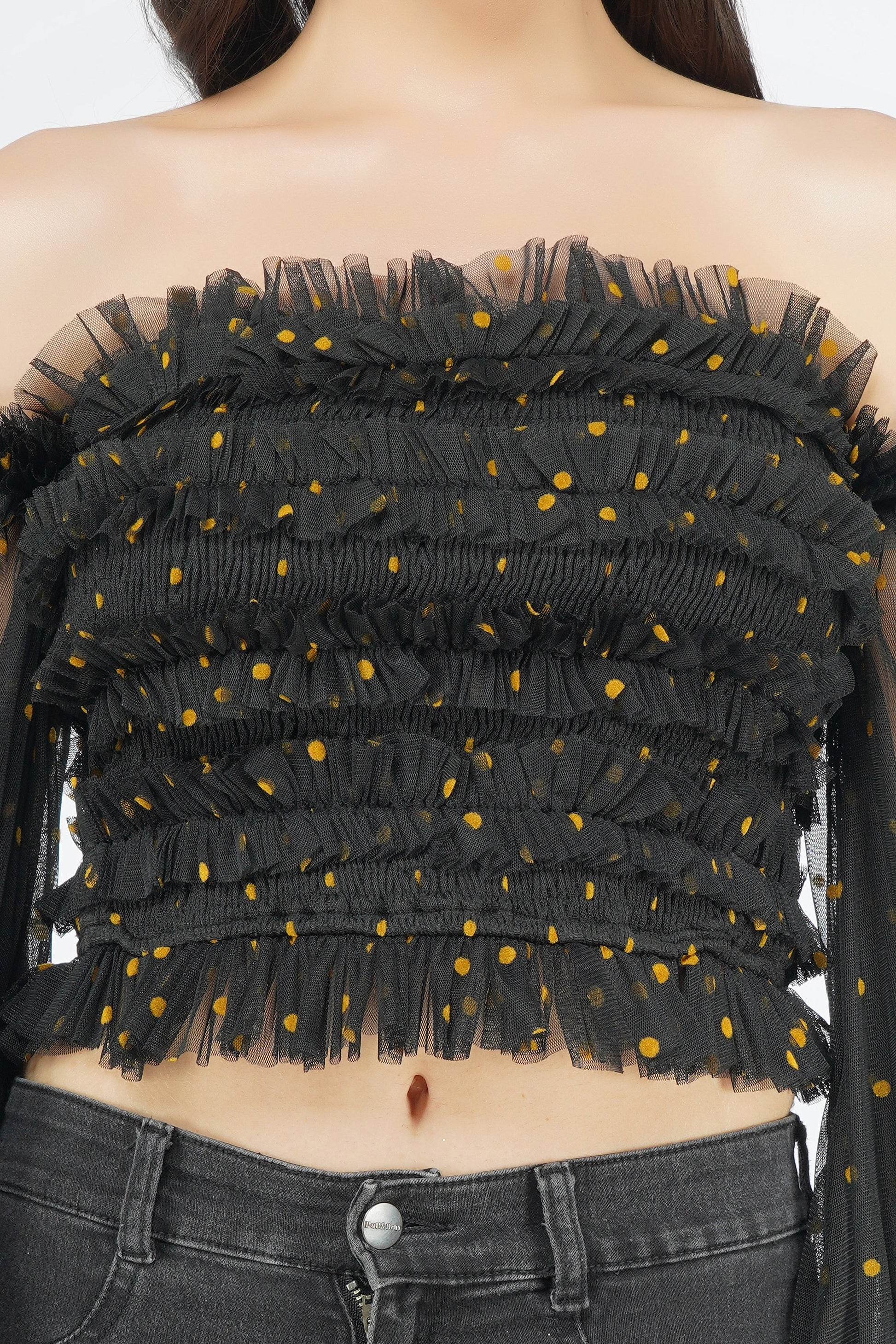  Rolf Black Tulle Top With Gold Polka