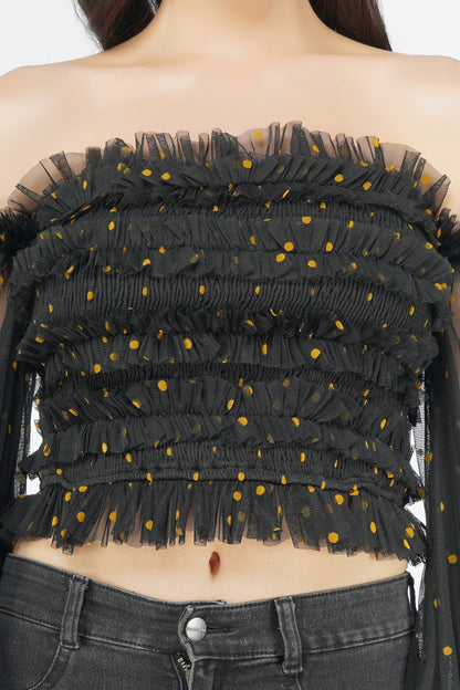  Rolf Black Tulle Top With Gold Polka