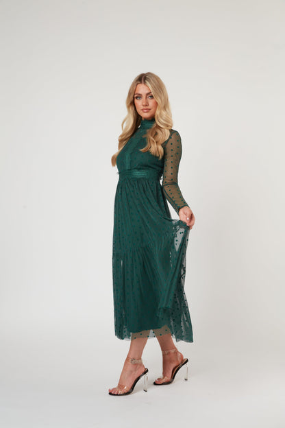  Roman Lola Polka Dot Midi Dress In Green