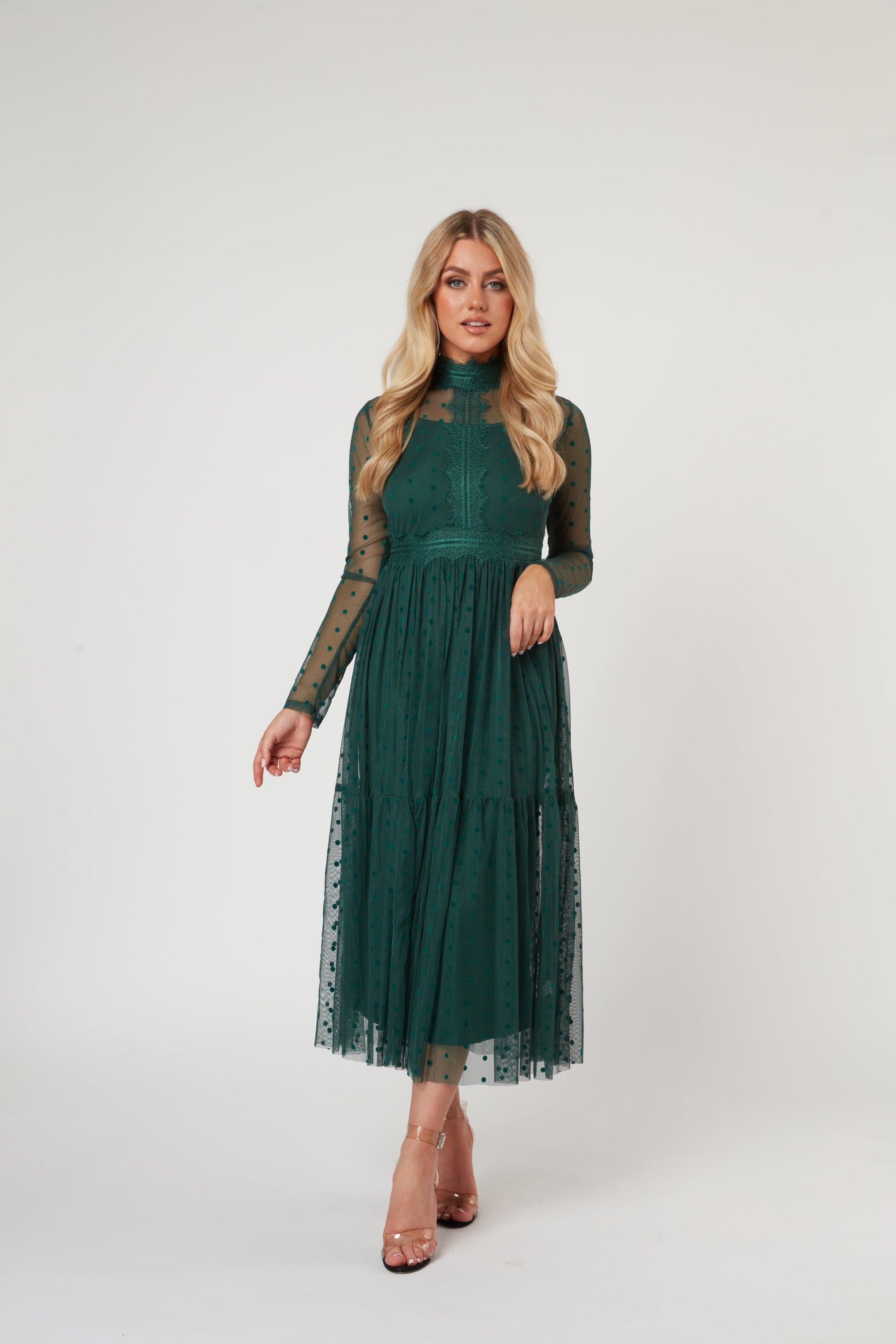  Roman Lola Polka Dot Midi Dress In Green