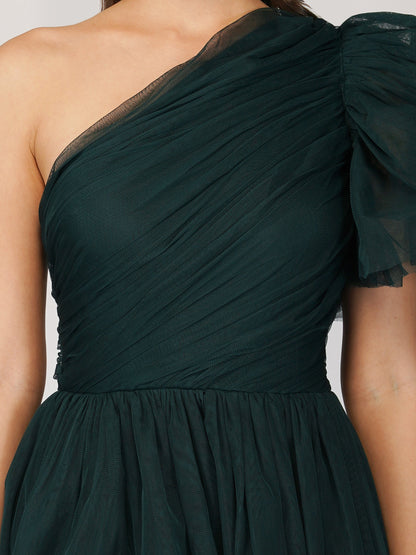  Rowan Emerald Green One Shoulder Tulle Gown