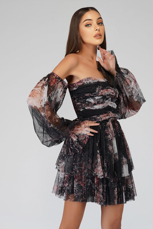  Roxanne Dark Print Tulle Mini Dress