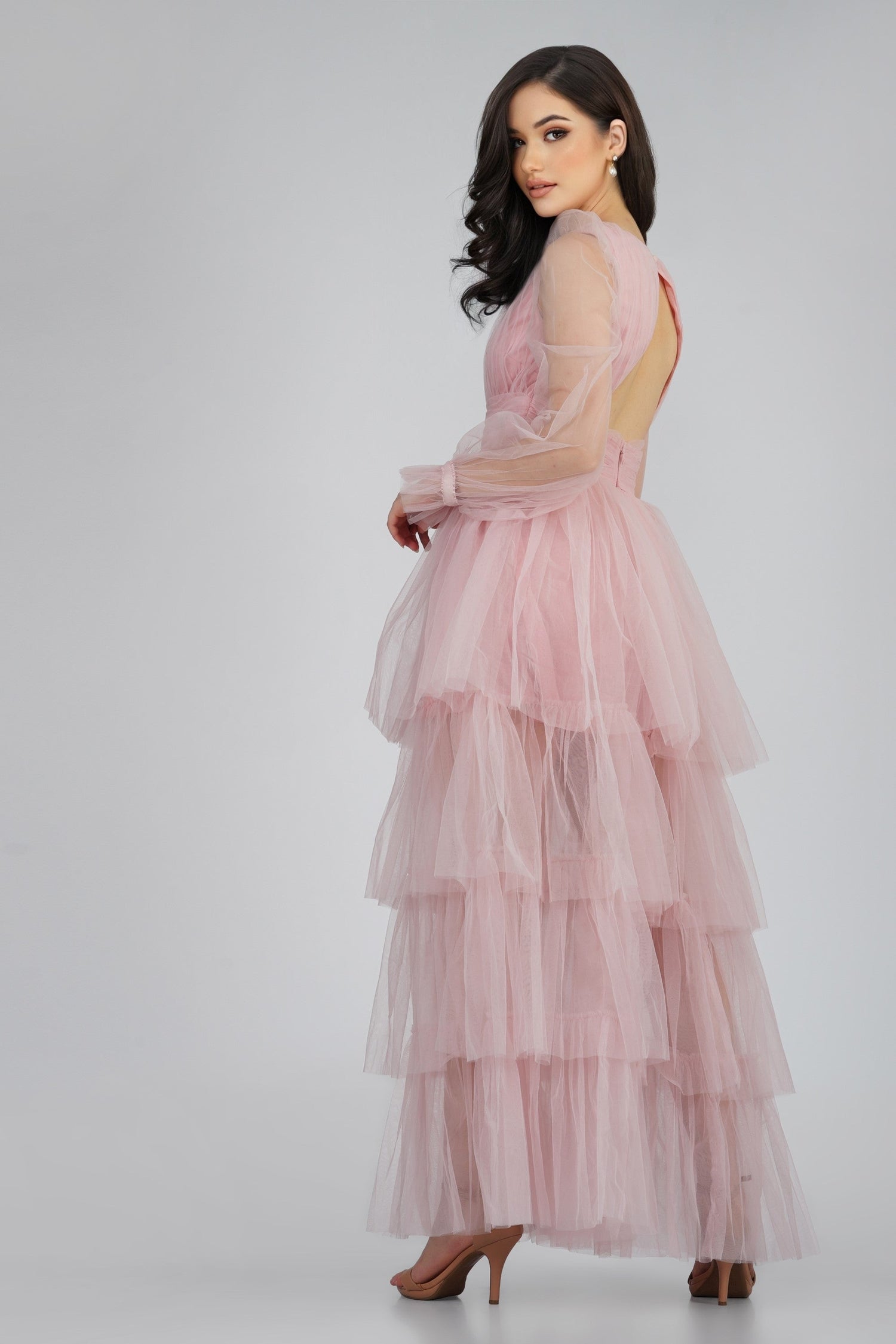  Salma Long Sleeve Tulle Maxi Dress In Pink
