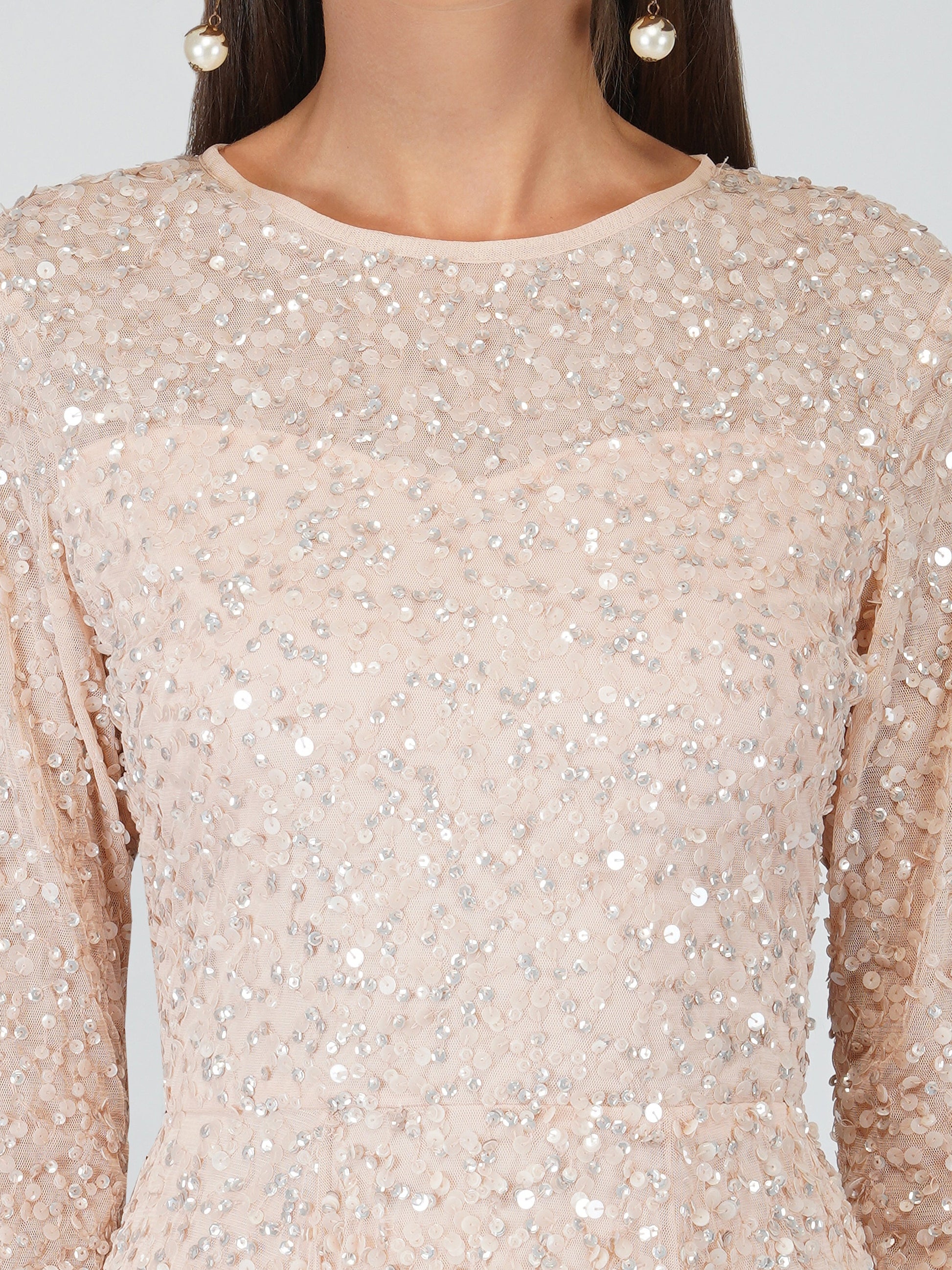  Sila Long Sleeve Embellished Maxi Dress In Blush Pink
