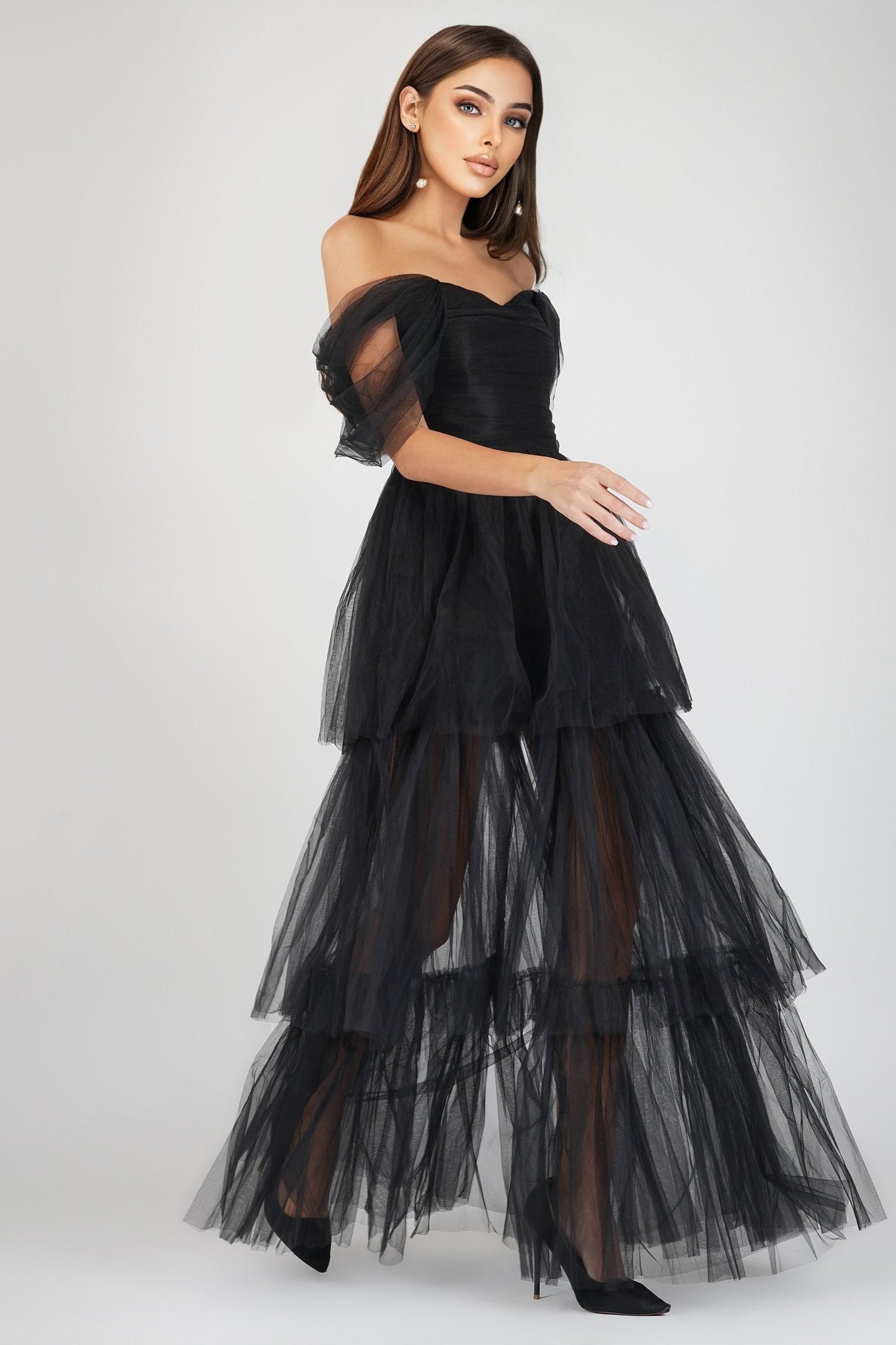  Sydney Off Shoulder Tulle Maxi Dress In Black
