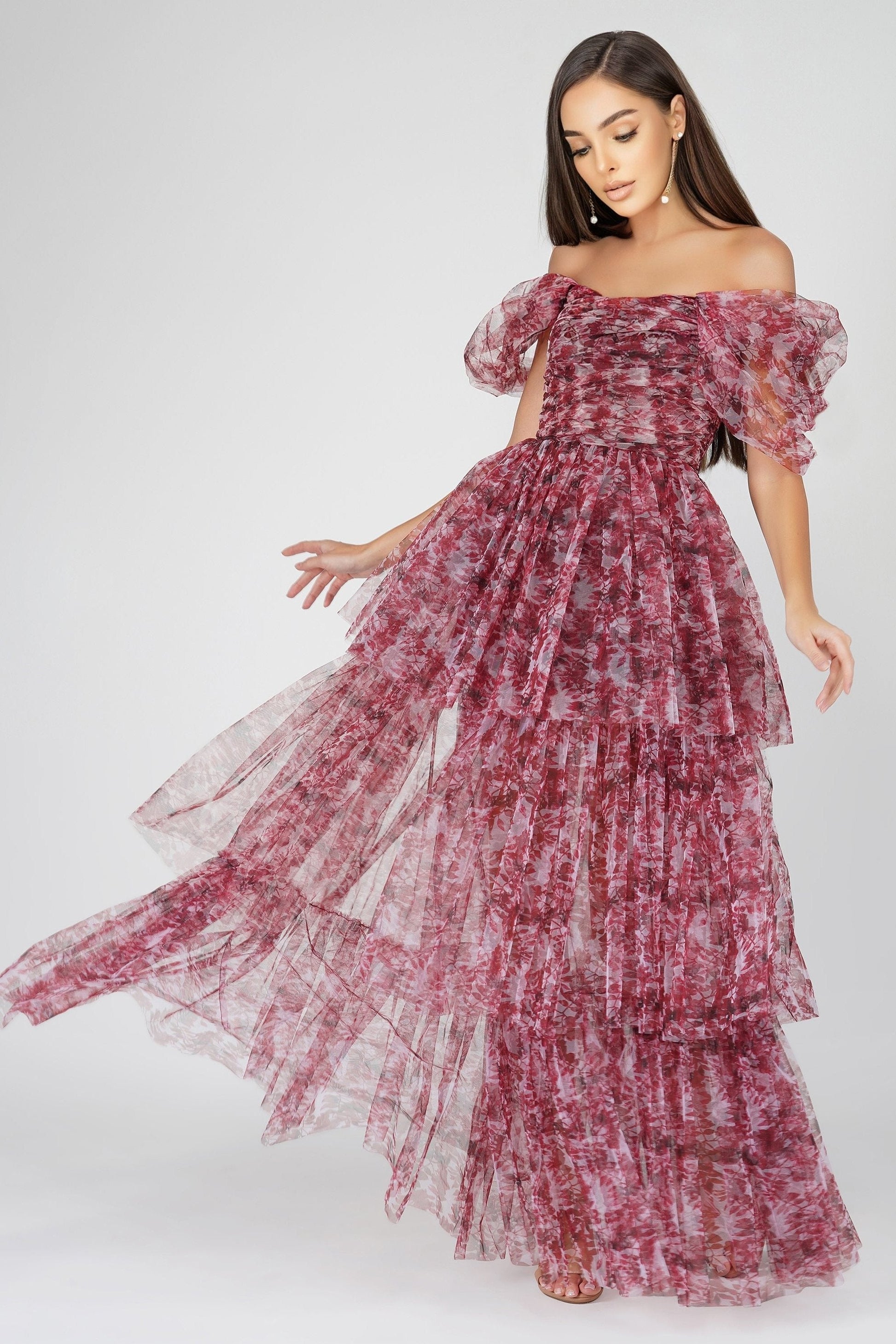  Sydney Tulle Maxi Dress In Burgundy Print