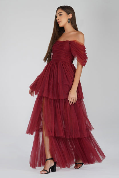  Sydney Burgundy Tulle Maxi Dress