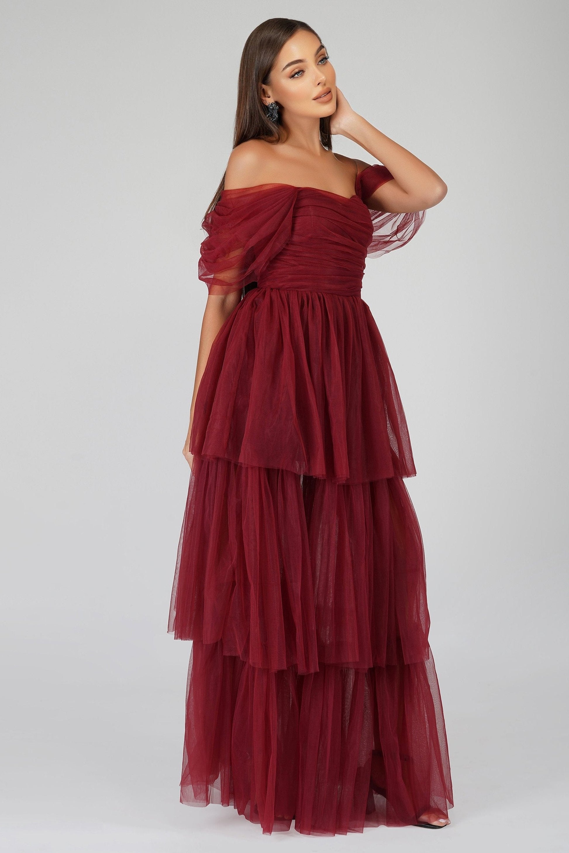  Sydney Burgundy Tulle Maxi Dress