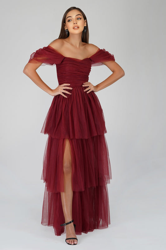  Sydney Burgundy Tulle Maxi Dress