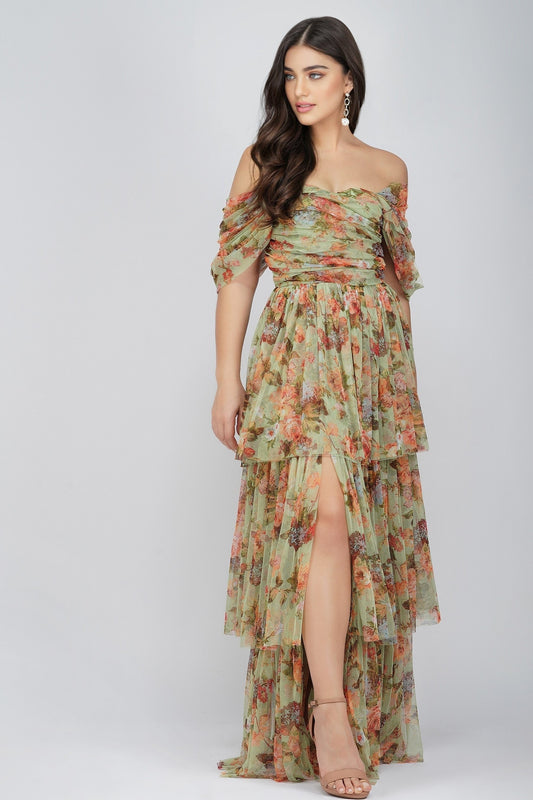 Sydney Tulle Maxi Dress In Green Floral