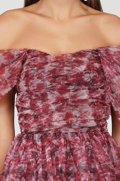  Sydney Tulle Maxi Dress In Burgundy Print