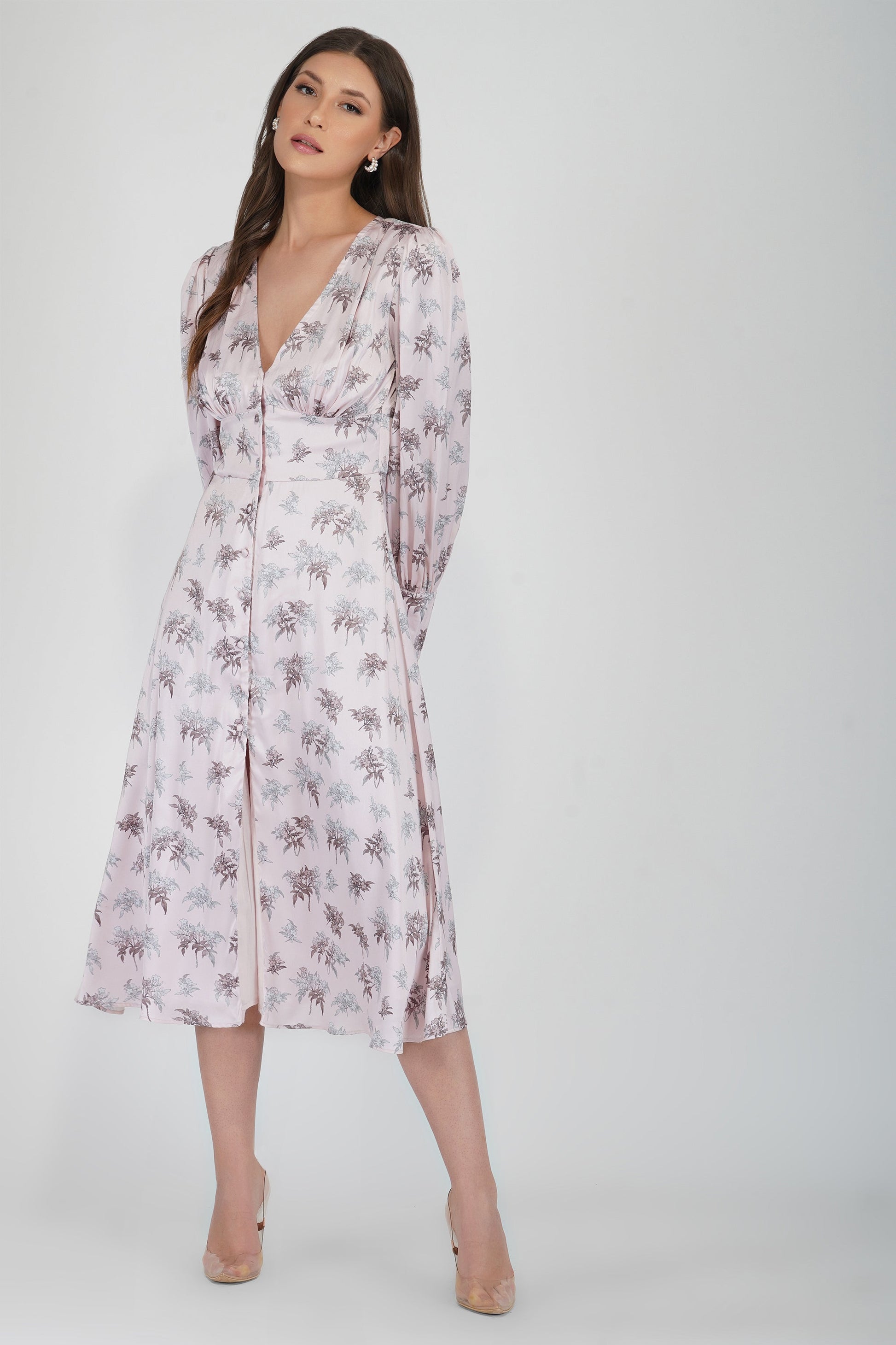  Tessa Long Sleeve Satin Midi Dress In Pink