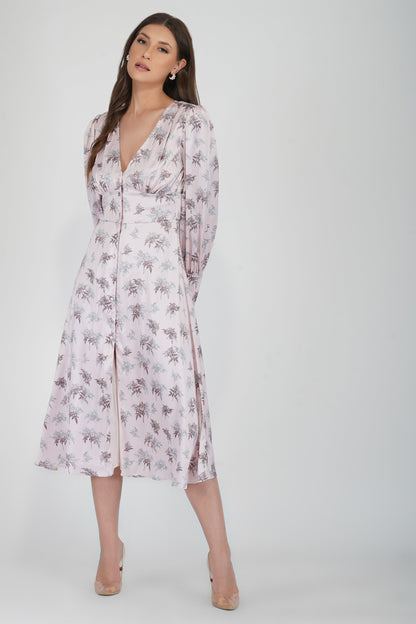 Tessa Long Sleeve Satin Midi Dress In Pink