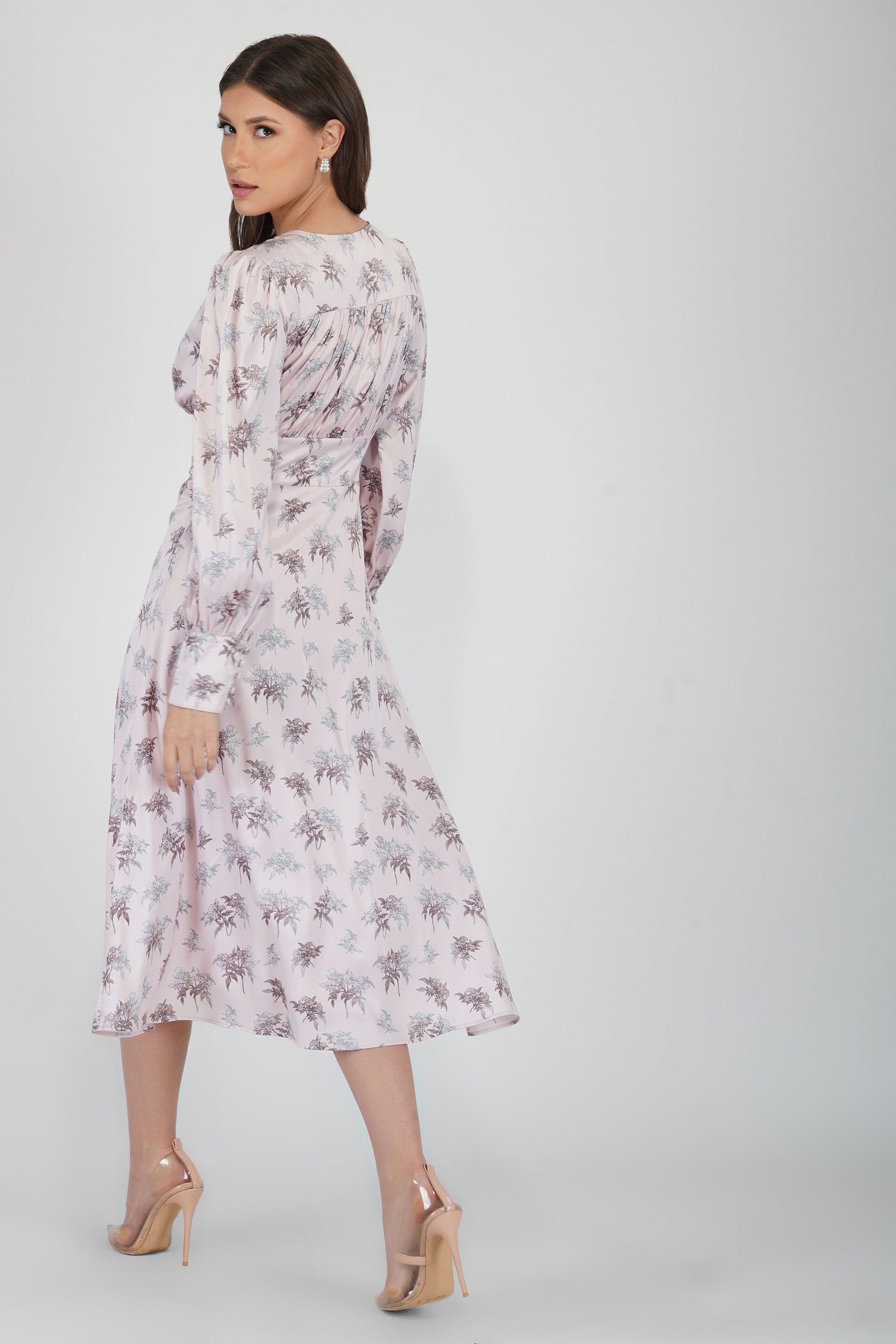  Tessa Long Sleeve Satin Midi Dress In Pink