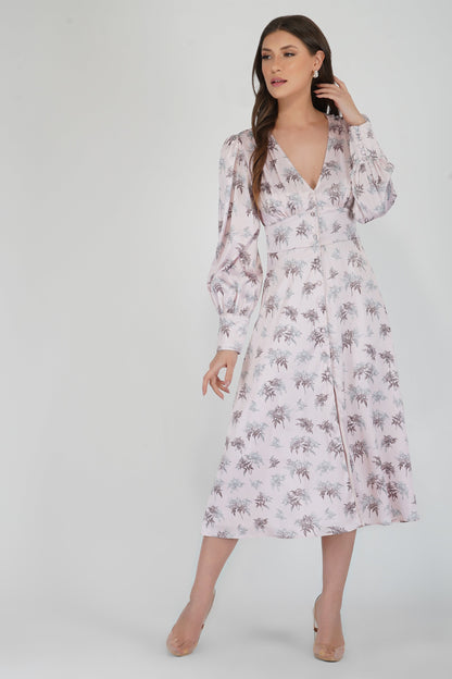  Tessa Long Sleeve Satin Midi Dress In Pink