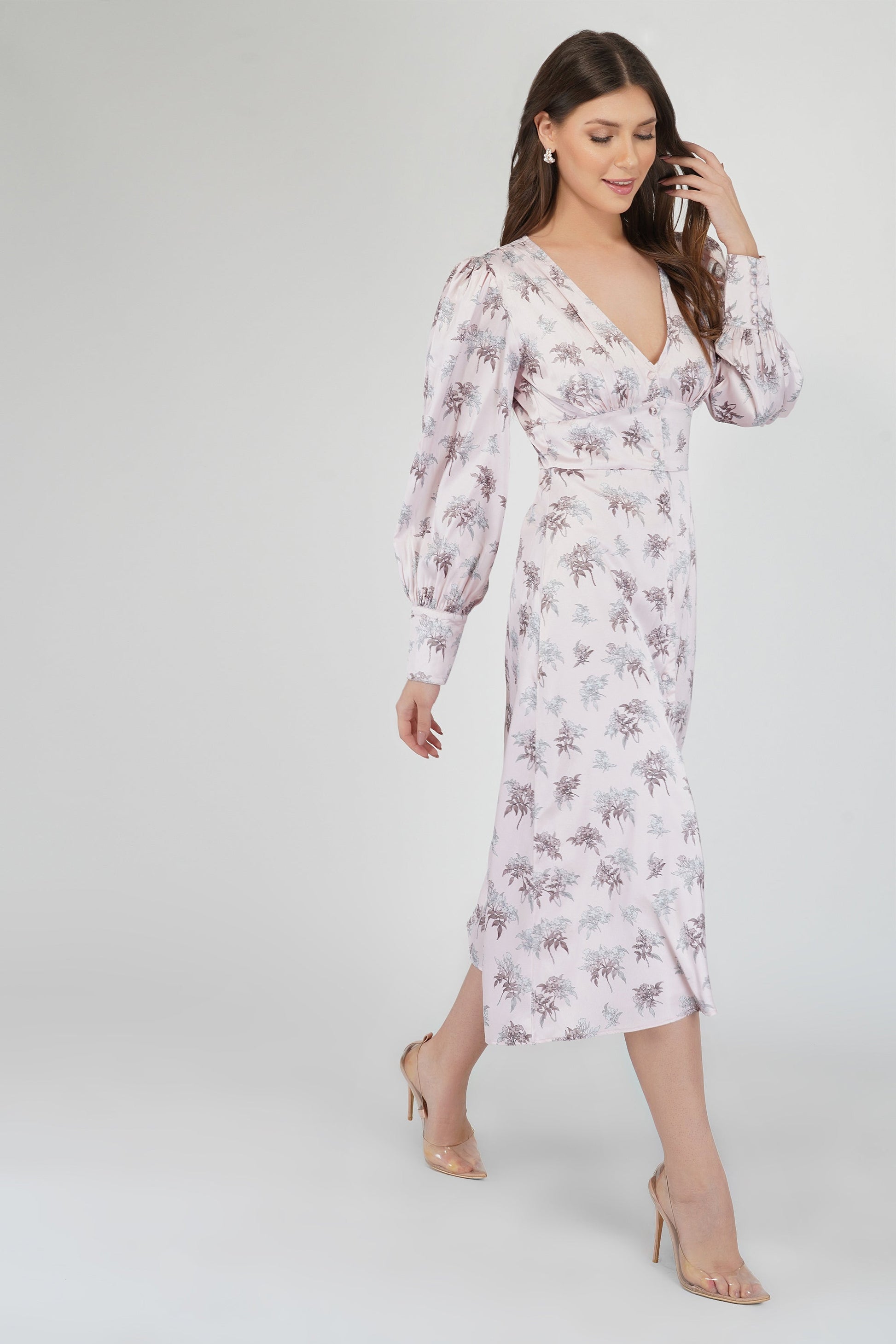  Tessa Long Sleeve Satin Midi Dress In Pink