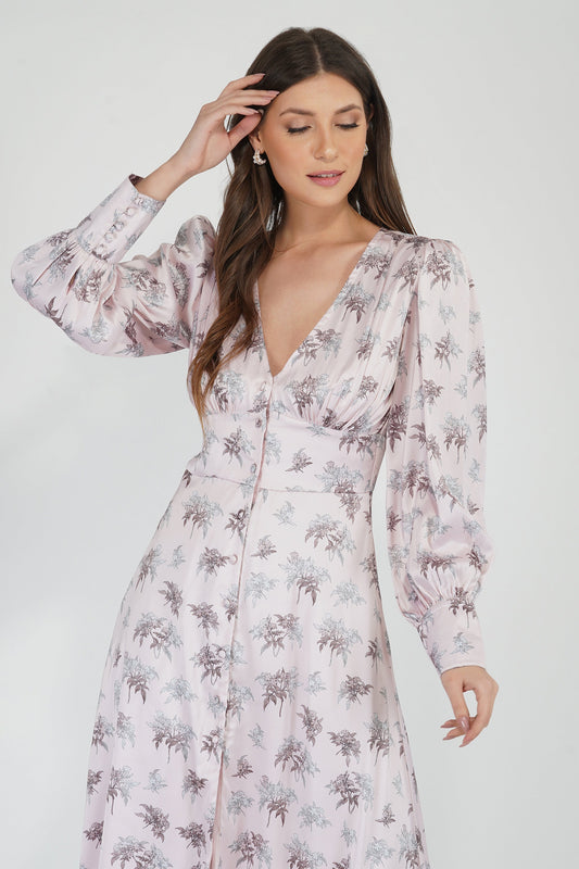  Tessa Long Sleeve Satin Midi Dress In Pink