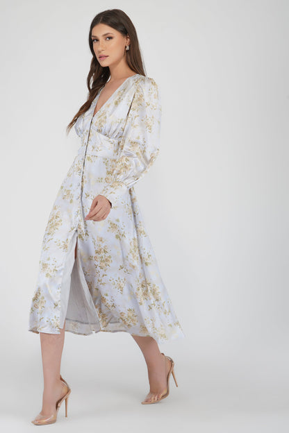  Tessa Long Sleeve Satin Midi Dress In Champagne