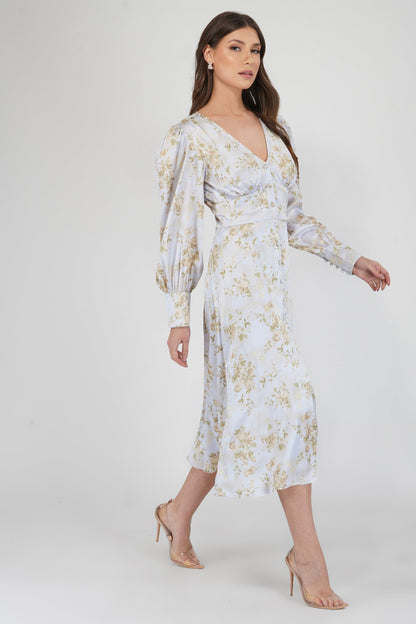  Tessa Long Sleeve Satin Midi Dress In Champagne