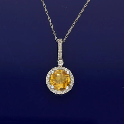 14ct White Gold Citrine And Diamond Halo Pendant Necklace