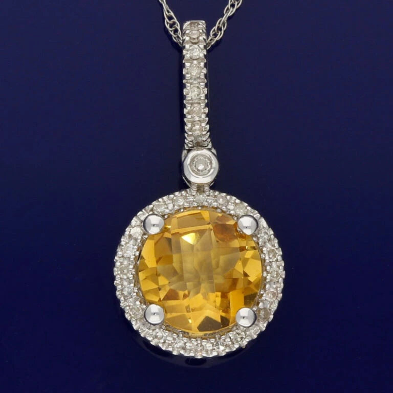 14ct White Gold Citrine And Diamond Halo Pendant Necklace