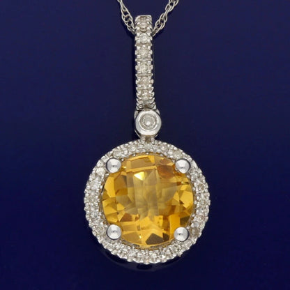 14ct White Gold Citrine And Diamond Halo Pendant Necklace