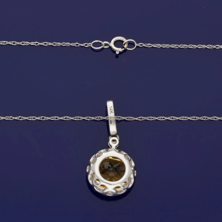 14ct White Gold Citrine And Diamond Halo Pendant Necklace