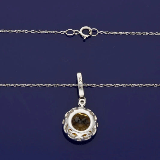 14ct White Gold Citrine And Diamond Halo Pendant Necklace