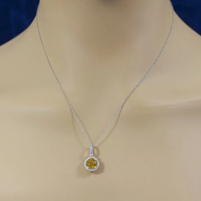14ct White Gold Citrine And Diamond Halo Pendant Necklace