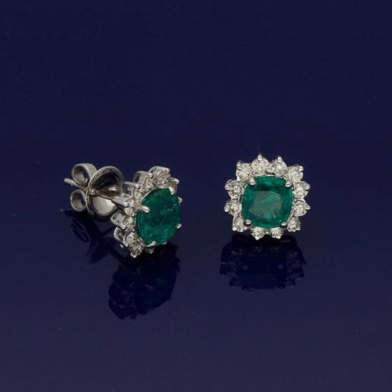 14ct White Gold Emerald & Diamond Cluster Earrings