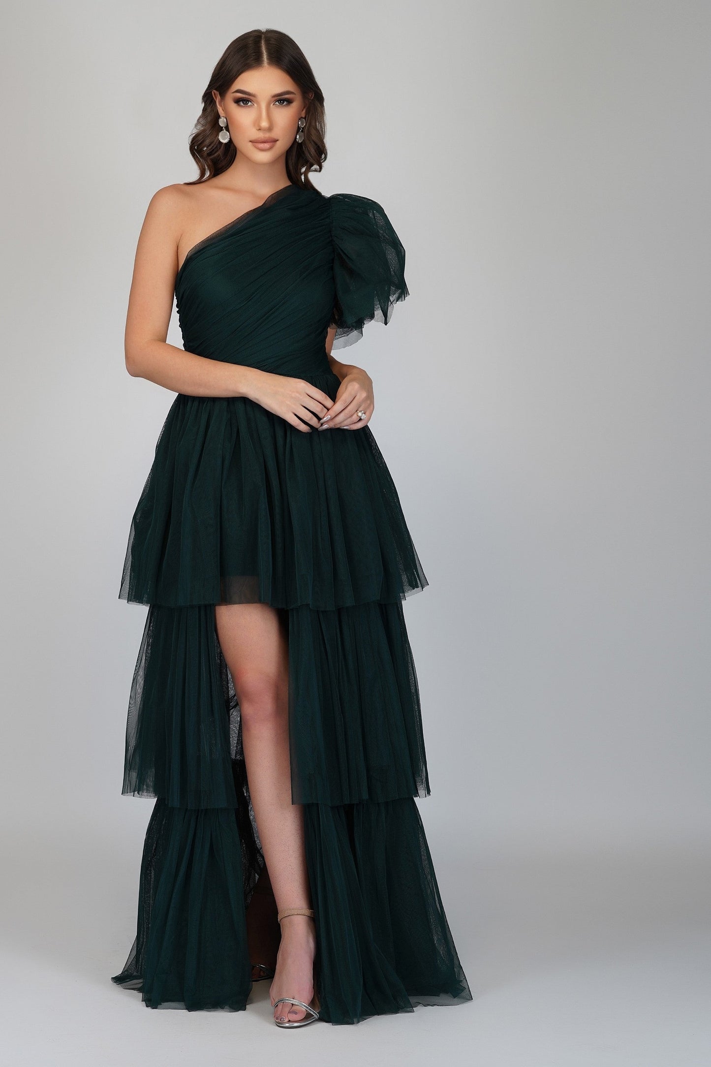  Rowan Emerald Green One Shoulder Tulle Gown