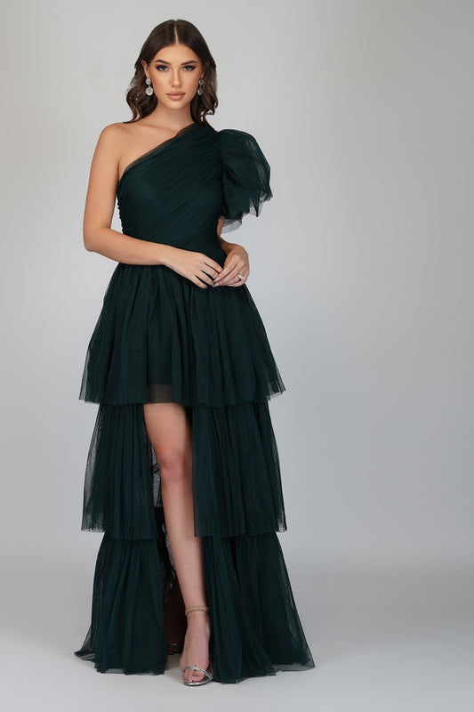  Rowan Emerald Green One Shoulder Tulle Gown