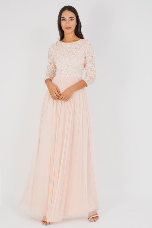  Belle Picasso Long Sleeve Bridesmaid Maxi In Nude