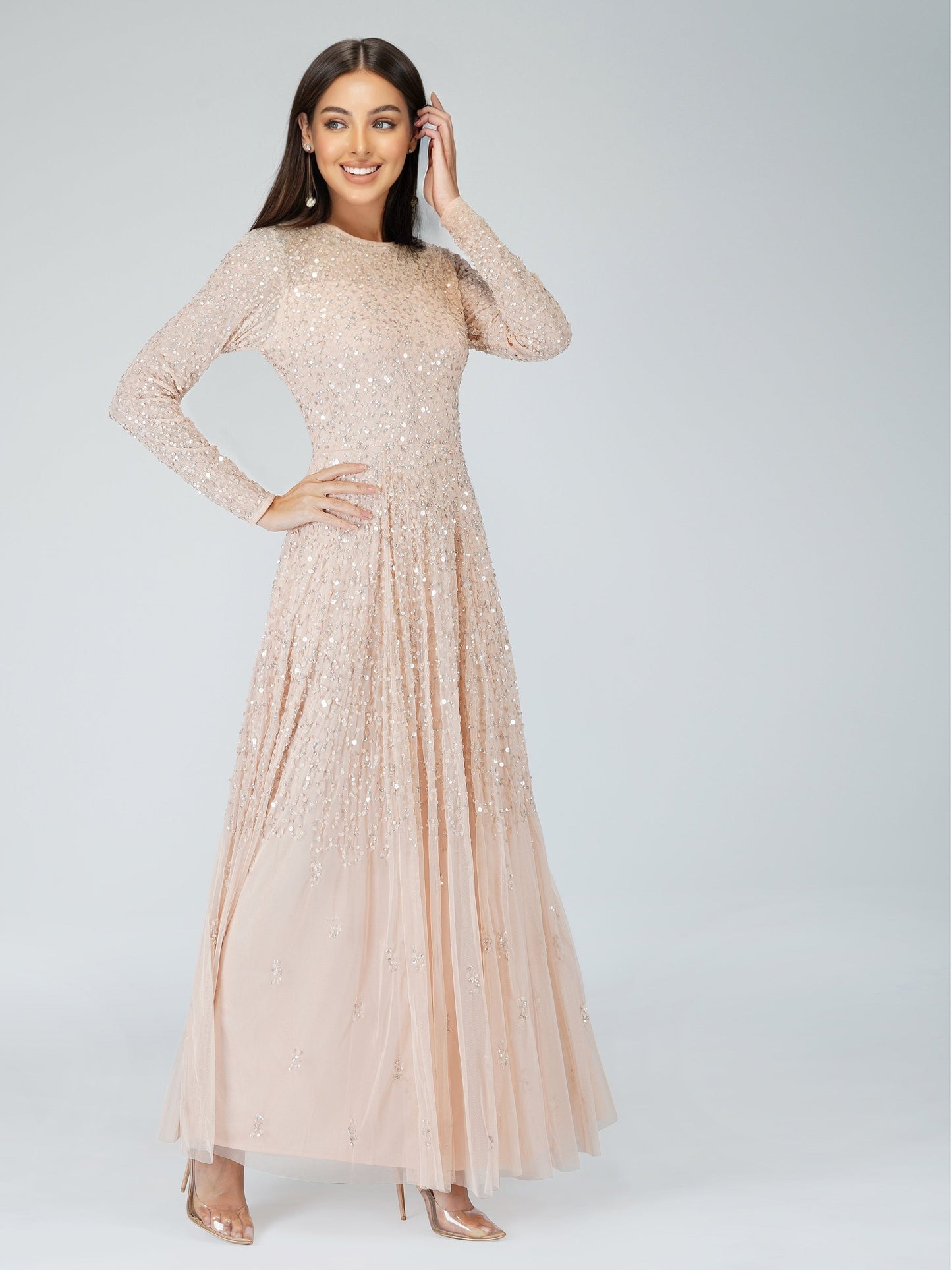  Sila Long Sleeve Embellished Maxi Dress In Blush Pink