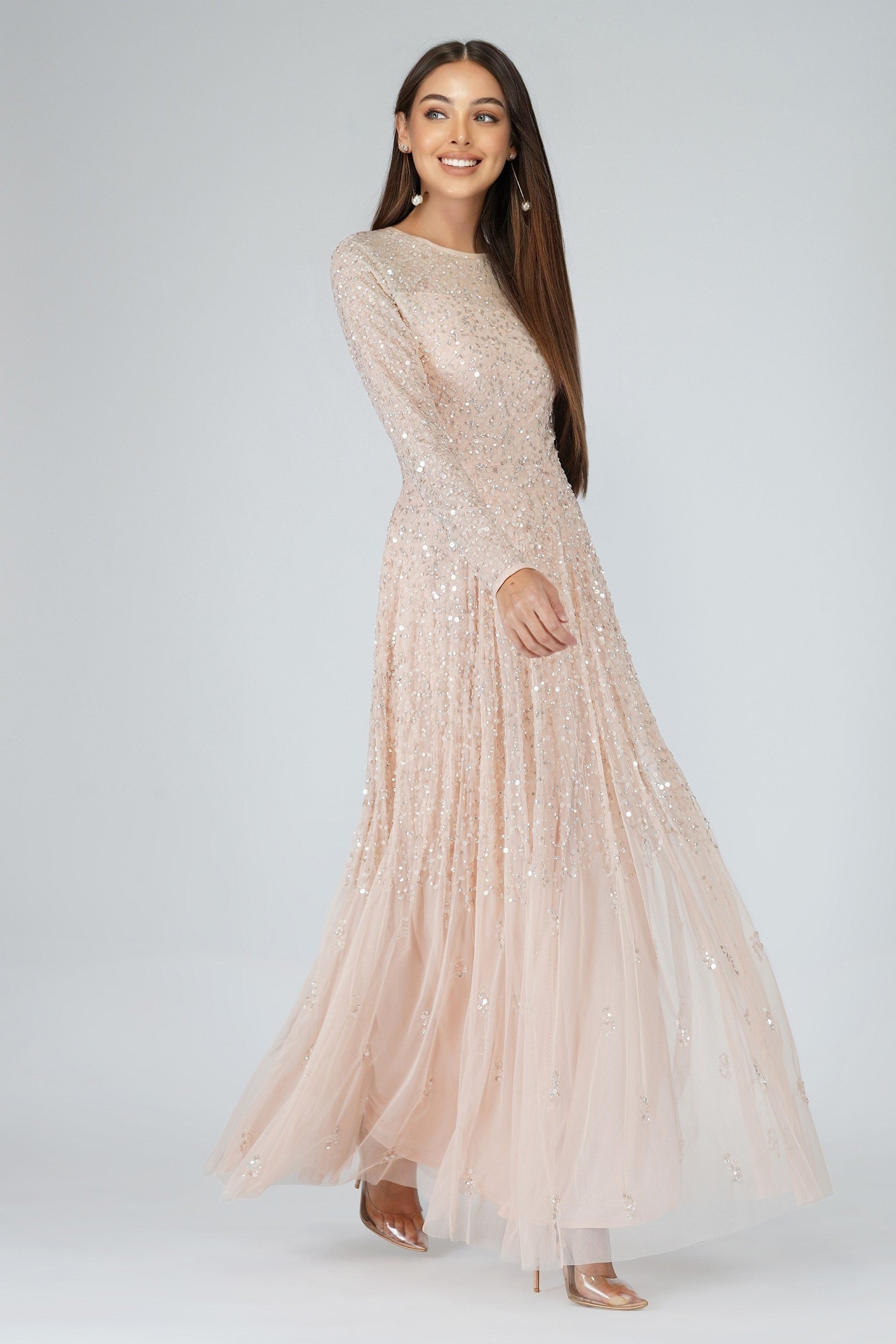  Sila Long Sleeve Embellished Maxi Dress In Blush Pink