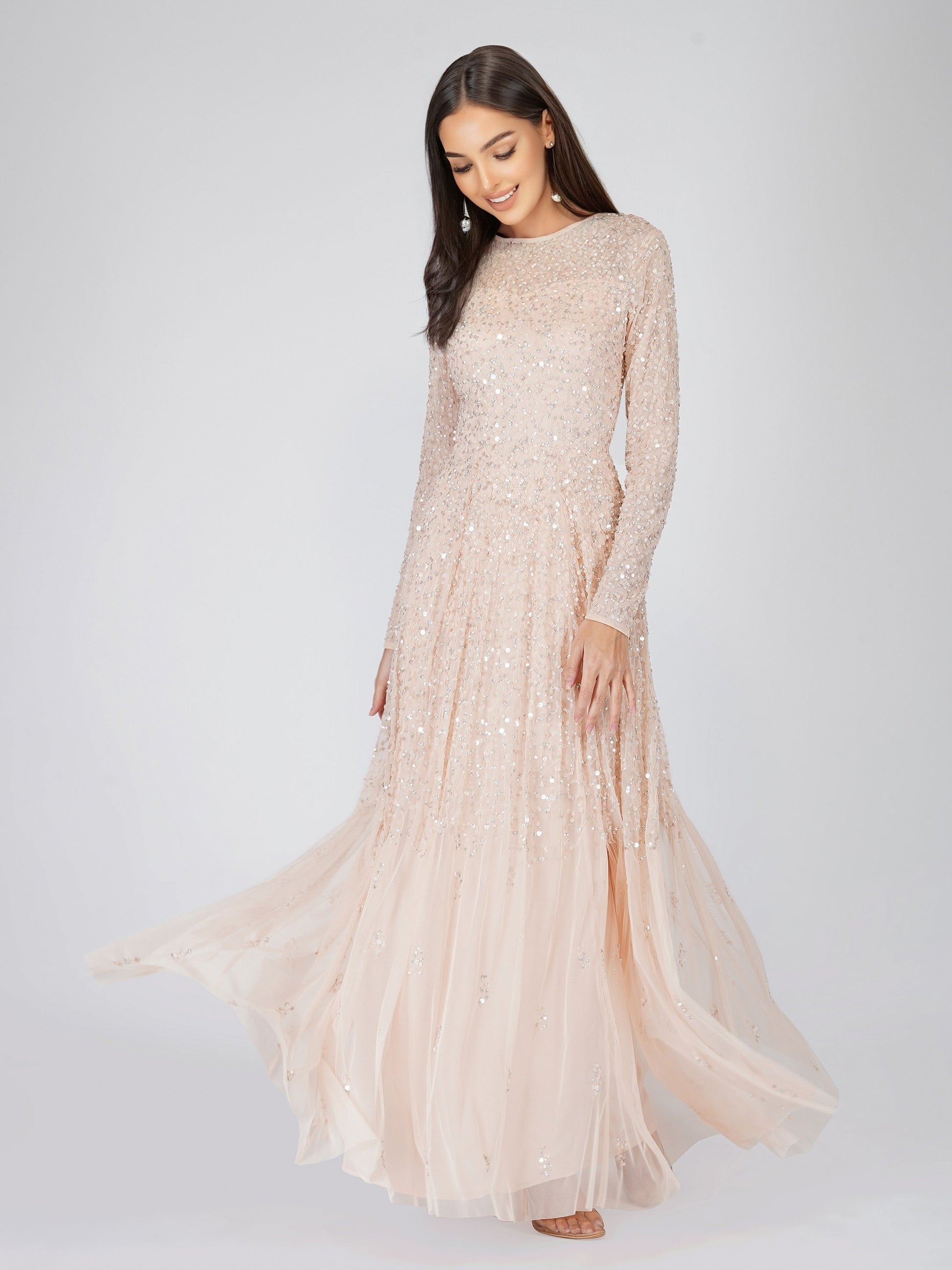  Sila Long Sleeve Embellished Maxi Dress In Blush Pink