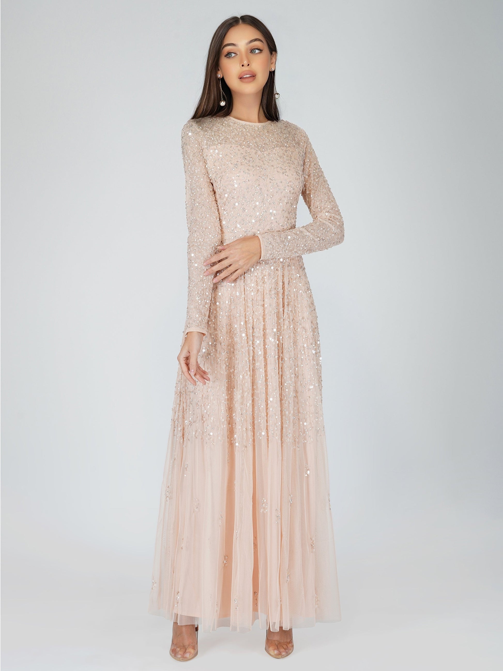  Sila Long Sleeve Embellished Maxi Dress In Blush Pink