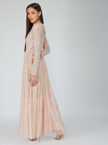  Sila Long Sleeve Embellished Maxi Dress In Blush Pink